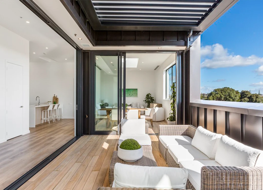 Modern outdoor living area with a sea view