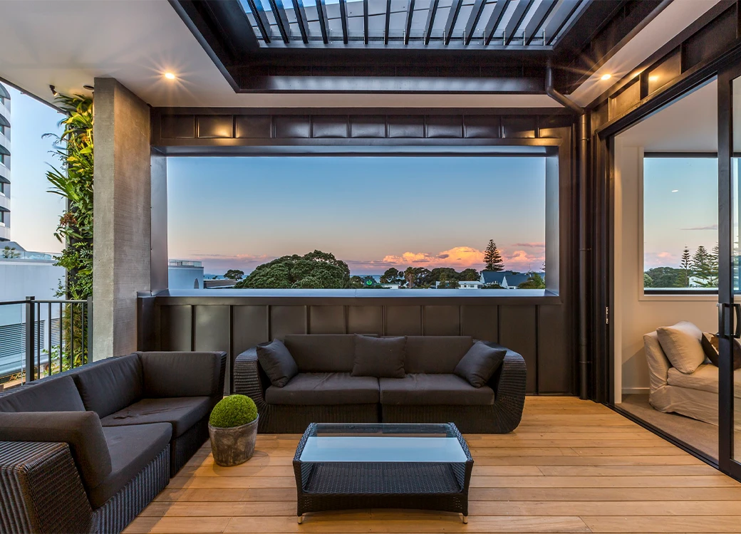 Modern sunny outdoor balcony